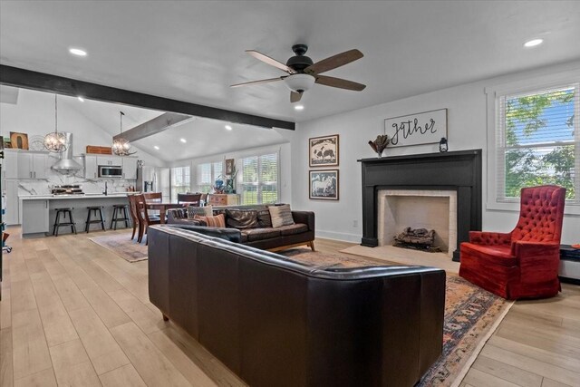 1030 Upper Creek Rd, Vanleer, TN 37181 - living room with healthy amount of natural light, a fireplace with flush hearth, light wood-style flooring, ceiling fan, and recessed lighting
