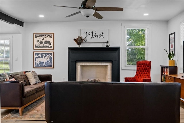 1030 Upper Creek Rd, Vanleer, TN 37181 - living room with a fireplace, wood finished floors, plenty of natural light, recessed lighting, and ceiling fan