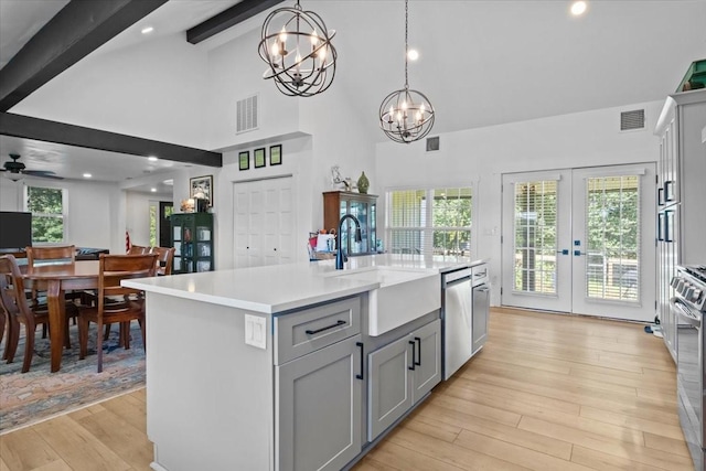 1030 Upper Creek Rd, Vanleer, TN 37181 - kitchen featuring a chandelier, gray cabinetry, french doors, dishwasher, and light countertops