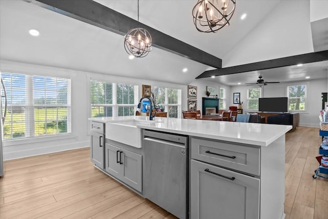 1030 Upper Creek Rd, Vanleer, TN 37181 - kitchen featuring dishwasher, a chandelier, gray cabinets, light countertops, and lofted ceiling