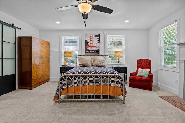 1030 Upper Creek Rd, Vanleer, TN 37181 - bedroom with carpet, a barn door, recessed lighting, and ceiling fan