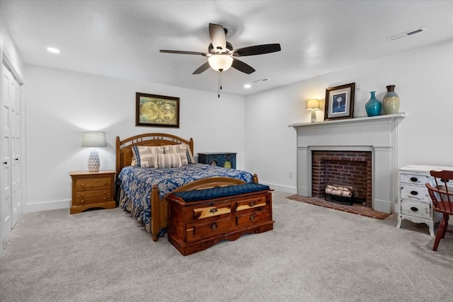 1030 Upper Creek Rd, Vanleer, TN 37181 - carpeted bedroom featuring ceiling fan, a fireplace, and recessed lighting