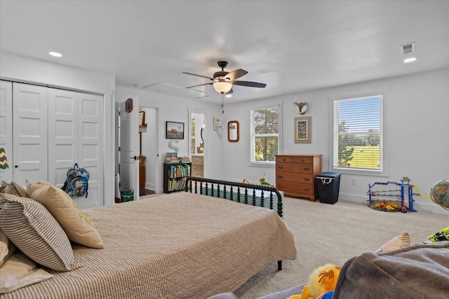 1030 Upper Creek Rd, Vanleer, TN 37181 - bedroom with a closet, carpet floors, a ceiling fan, and recessed lighting