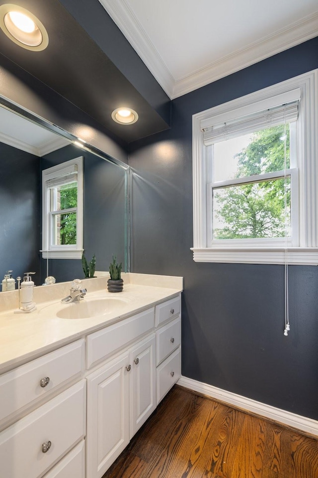 7075 Willowick Dr, Brentwood, TN 37027 - bathroom featuring crown molding, vanity, and wood finished floors
