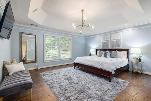 7075 Willowick Dr, Brentwood, TN 37027 - bedroom with a tray ceiling, a chandelier, dark wood finished floors, and crown molding
