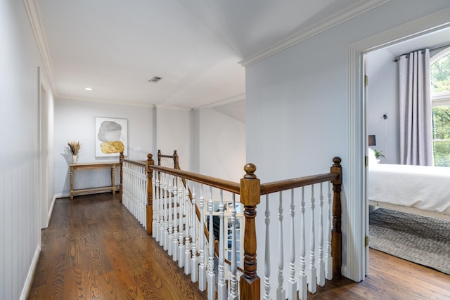 7075 Willowick Dr, Brentwood, TN 37027 - hall with an upstairs landing, ornamental molding, and wood finished floors