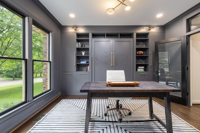 7075 Willowick Dr, Brentwood, TN 37027 - office featuring dark wood-style flooring, ornamental molding, and built in shelves