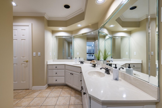 7075 Willowick Dr, Brentwood, TN 37027 - ensuite bathroom with double vanity, crown molding, tile patterned floors, and recessed lighting