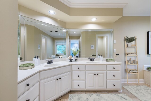 7075 Willowick Dr, Brentwood, TN 37027 - bathroom with crown molding, double vanity, tile patterned flooring, and recessed lighting