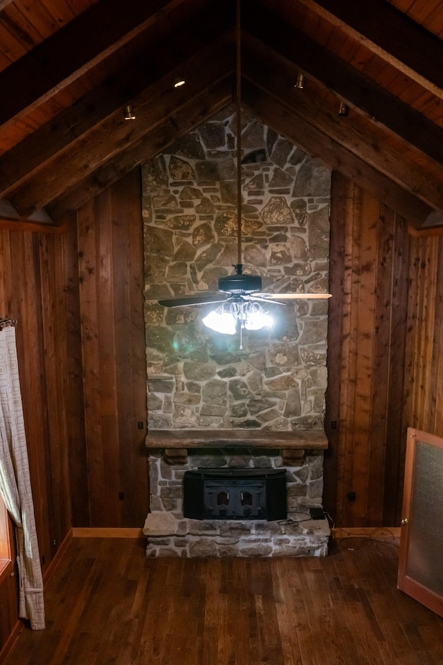 7030 Dodson Branch Rd, Cookeville, TN 38501 - unfurnished living room featuring wooden walls, hardwood / wood-style flooring, a fireplace, and wooden ceiling