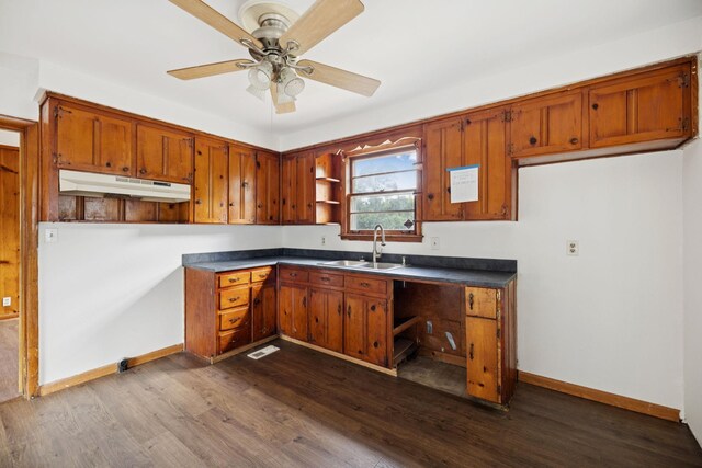 1421 Lakeview Rd, Clarksville, TN 37040 - kitchen with under cabinet range hood, open shelves, and dark wood-style floors