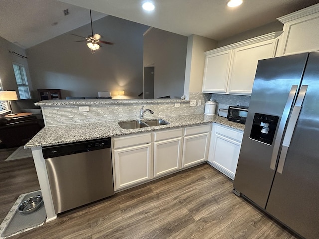 4437 Sunday Silence Way, Murfreesboro, TN 37128 - kitchen featuring stainless steel appliances, a peninsula, a ceiling fan, white cabinets, and light stone counters