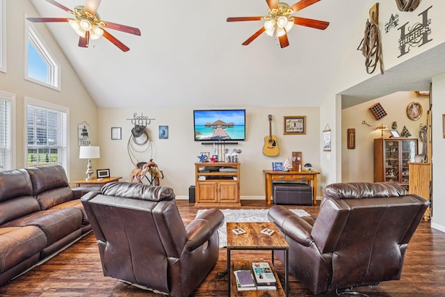 4505 Polaris Dr, Chapel Hill, TN 37034 - living room with ceiling fan, high vaulted ceiling, dark wood-style flooring, and healthy amount of natural light