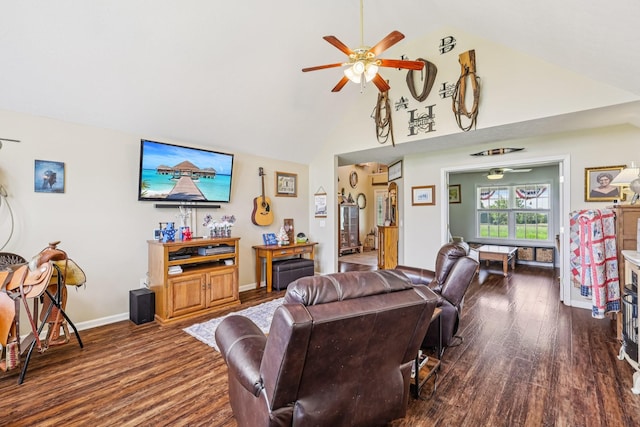 4505 Polaris Dr, Chapel Hill, TN 37034 - living room with a ceiling fan, dark wood finished floors, and high vaulted ceiling