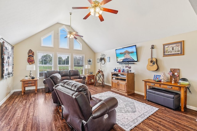 4505 Polaris Dr, Chapel Hill, TN 37034 - living area with a ceiling fan, dark wood finished floors, and high vaulted ceiling
