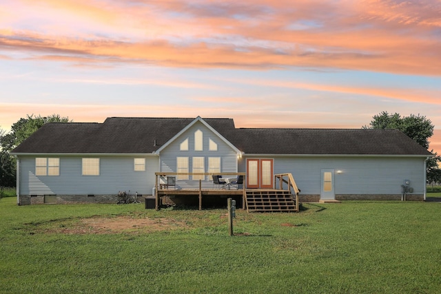 4505 Polaris Dr, Chapel Hill, TN 37034 - back of house at dusk featuring a deck, crawl space, a yard, and a shingled roof