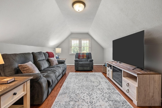 915 Rocky Hollow Rd, Erin, TN 37061 - living room with a textured ceiling, wood finished floors, and vaulted ceiling