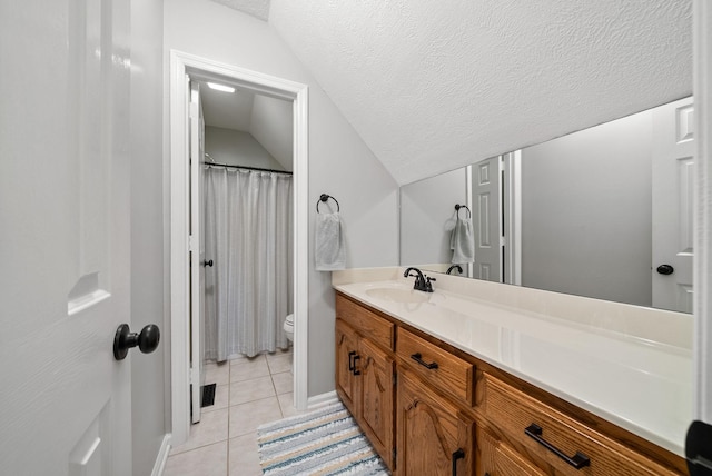 915 Rocky Hollow Rd, Erin, TN 37061 - bathroom with vanity, tile patterned floors, a textured ceiling, vaulted ceiling, and curtained shower