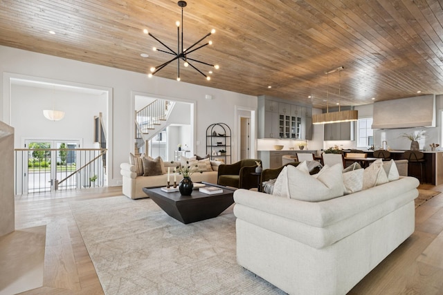 6315 Callie Ln, Brentwood, TN 37027 - living area featuring wooden ceiling, healthy amount of natural light, a chandelier, light wood-style flooring, and recessed lighting