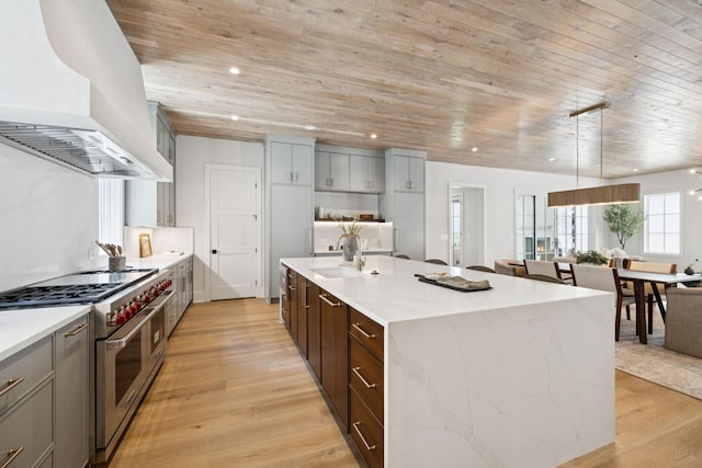 6315 Callie Ln, Brentwood, TN 37027 - kitchen featuring double oven range, custom range hood, gray cabinets, wood ceiling, and light wood-style flooring