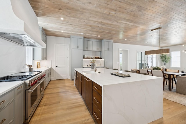 6315 Callie Ln, Brentwood, TN 37027 - kitchen featuring double oven range, range hood, wood ceiling, gray cabinetry, and light wood finished floors