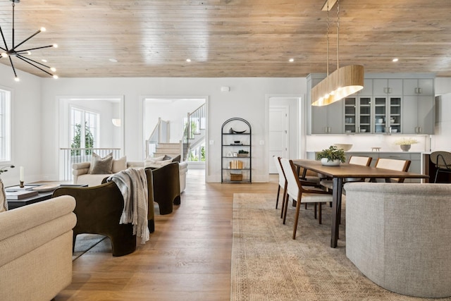 6315 Callie Ln, Brentwood, TN 37027 - living room featuring wooden ceiling, light wood-style flooring, stairs, a chandelier, and recessed lighting