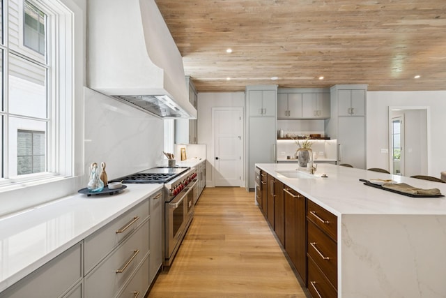 6315 Callie Ln, Brentwood, TN 37027 - kitchen featuring double oven range, wooden ceiling, custom range hood, healthy amount of natural light, and light wood-type flooring