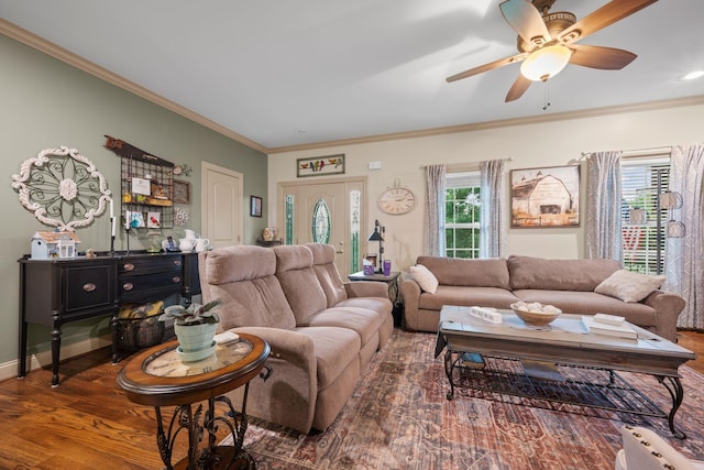116 Sherrolyn Ct, Burns, TN 37029 - living room with plenty of natural light, ornamental molding, a ceiling fan, and wood finished floors