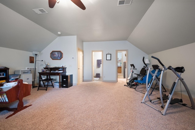 116 Sherrolyn Ct, Burns, TN 37029 - workout area with light colored carpet, lofted ceiling, and ceiling fan