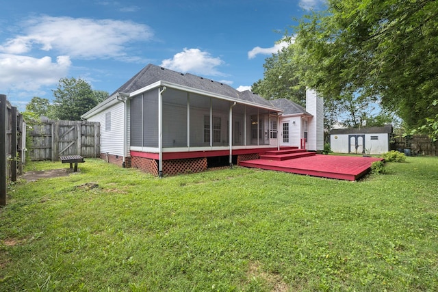 3455 Esquire Dr, Murfreesboro, TN 37130 - rear view of property with a sunroom, a deck, a fenced backyard, and a shed