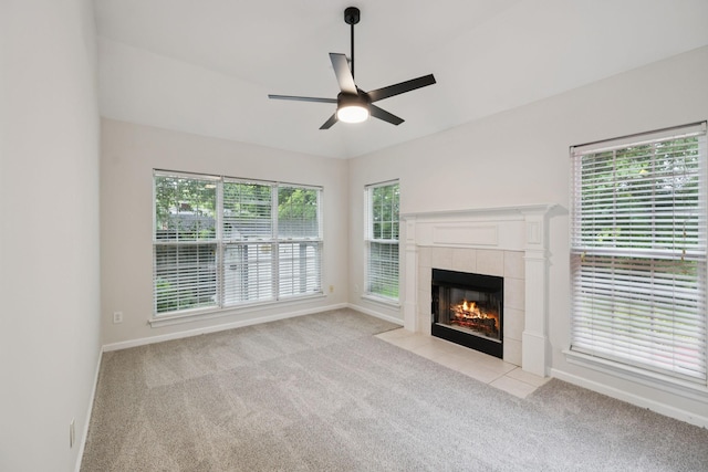 3455 Esquire Dr, Murfreesboro, TN 37130 - unfurnished living room with light colored carpet, ceiling fan, and a fireplace