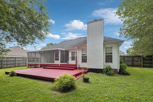 3455 Esquire Dr, Murfreesboro, TN 37130 - back of property featuring a sunroom, a deck, a fenced backyard, and a chimney