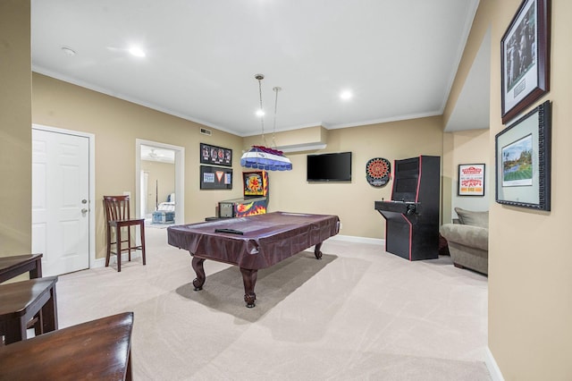 9732 Turnbridge Ct, Brentwood, TN 37027 - game room with light colored carpet, billiards table, crown molding, and recessed lighting