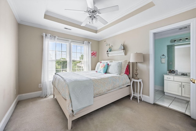 9732 Turnbridge Ct, Brentwood, TN 37027 - bedroom with light carpet, a tray ceiling, crown molding, and a ceiling fan