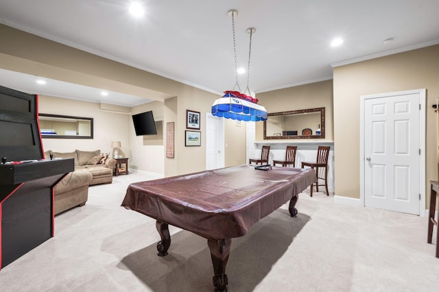 9732 Turnbridge Ct, Brentwood, TN 37027 - rec room featuring light colored carpet, recessed lighting, ornamental molding, and billiards table