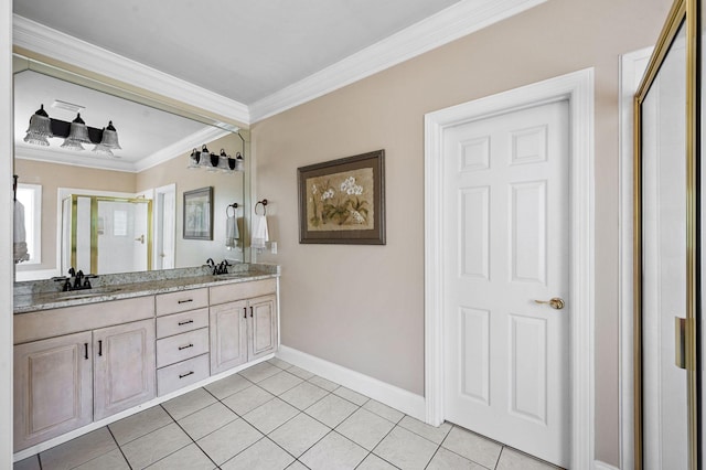 9732 Turnbridge Ct, Brentwood, TN 37027 - bathroom featuring a stall shower, crown molding, double vanity, and tile patterned floors