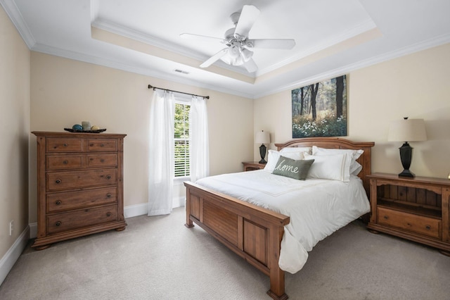 9732 Turnbridge Ct, Brentwood, TN 37027 - bedroom featuring a tray ceiling, ornamental molding, light carpet, and a ceiling fan