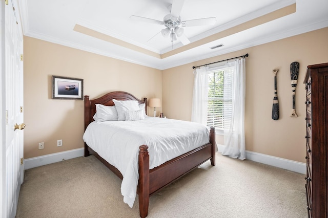 9732 Turnbridge Ct, Brentwood, TN 37027 - bedroom featuring a raised ceiling, ornamental molding, light colored carpet, and a ceiling fan