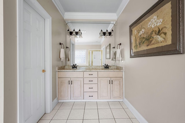 9732 Turnbridge Ct, Brentwood, TN 37027 - bathroom featuring crown molding, double vanity, tile patterned floors, and a shower with shower door