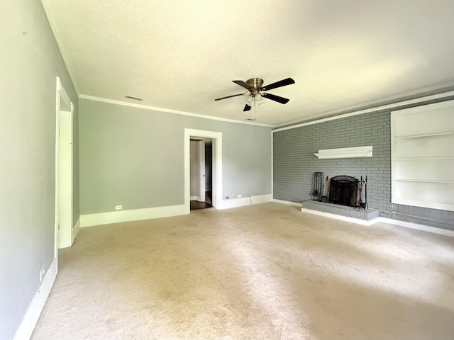 2844 Jarman Hollow Rd, Palmyra, TN 37142 - unfurnished living room featuring ceiling fan, a textured ceiling, a fireplace, built in shelves, and ornamental molding