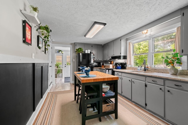 909 W 1st St, Dickson, TN 37055 - kitchen featuring gray cabinetry, under cabinet range hood, light countertops, plenty of natural light, and a textured ceiling