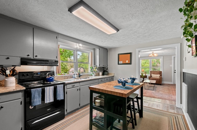909 W 1st St, Dickson, TN 37055 - kitchen featuring electric range, plenty of natural light, gray cabinets, a textured ceiling, and light countertops
