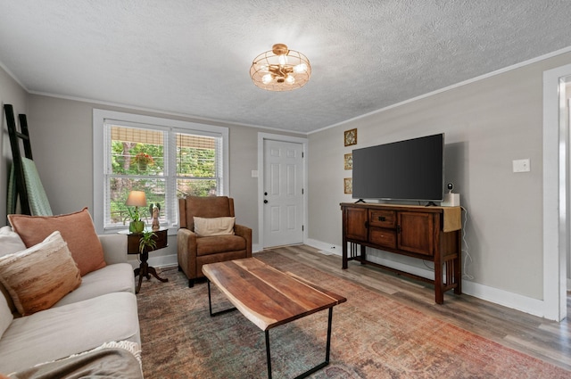 909 W 1st St, Dickson, TN 37055 - living area featuring crown molding, wood finished floors, a textured ceiling, and a chandelier