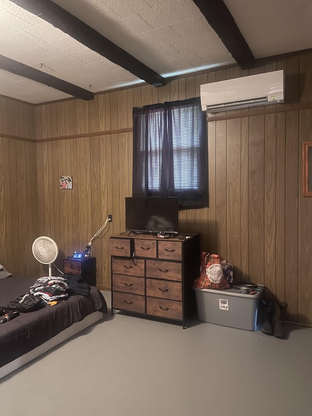 1212 Poplar Dr, Lawrenceburg, TN 38464 - bedroom with a wall unit AC, beam ceiling, and wooden walls