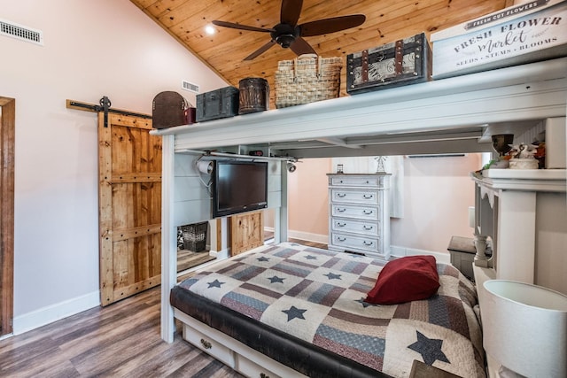 305 Bryant St, Watertown, TN 37184 - bedroom featuring wood ceiling, a barn door, wood finished floors, and vaulted ceiling