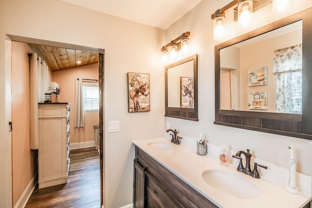 305 Bryant St, Watertown, TN 37184 - full bathroom with double vanity, wood finished floors, and wood ceiling