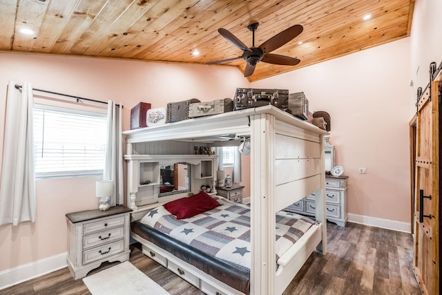 305 Bryant St, Watertown, TN 37184 - bedroom with wooden ceiling, vaulted ceiling, wood finished floors, recessed lighting, and a barn door
