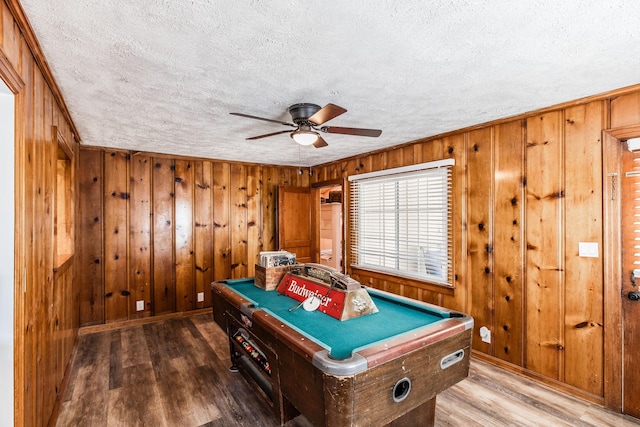 305 Bryant St, Watertown, TN 37184 - game room with pool table, a ceiling fan, wood finished floors, a textured ceiling, and wood walls