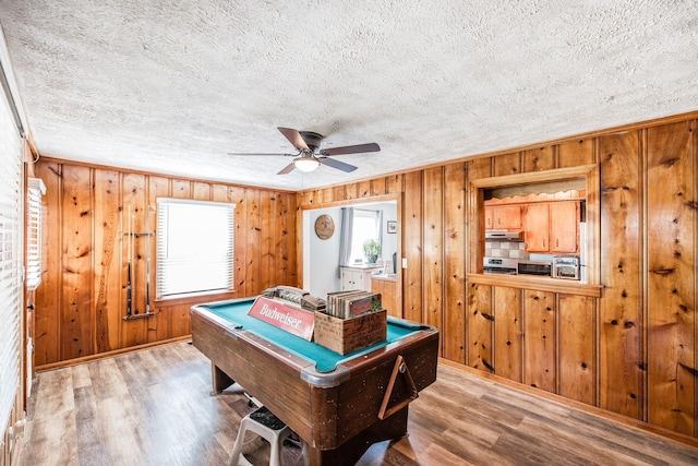305 Bryant St, Watertown, TN 37184 - rec room with pool table, a textured ceiling, wood finished floors, ceiling fan, and wood walls