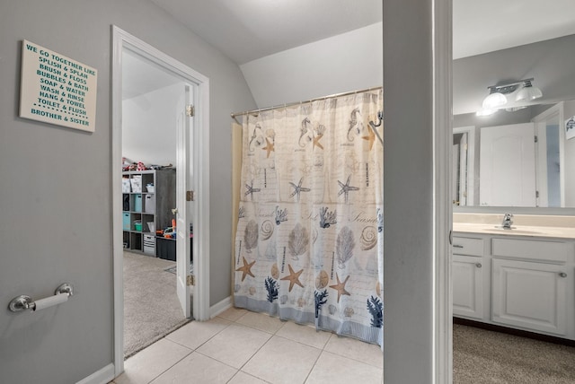 3723 Reed Rd, Indian Mound, TN 37079 - bathroom with vanity, tile patterned floors, a shower with shower curtain, and lofted ceiling